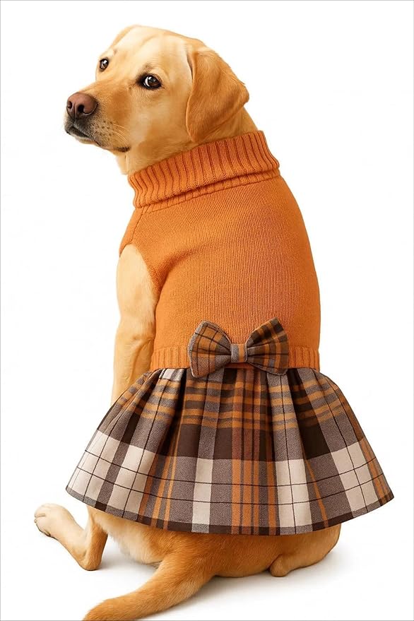 Lanyarco Orange Knitted Thanksgiving Fall Dog Sweater Dress, Plaid Girl Dog Clothes Winter for Small Dogs, Terrier Doggy Pet Apparel, Medium (M)