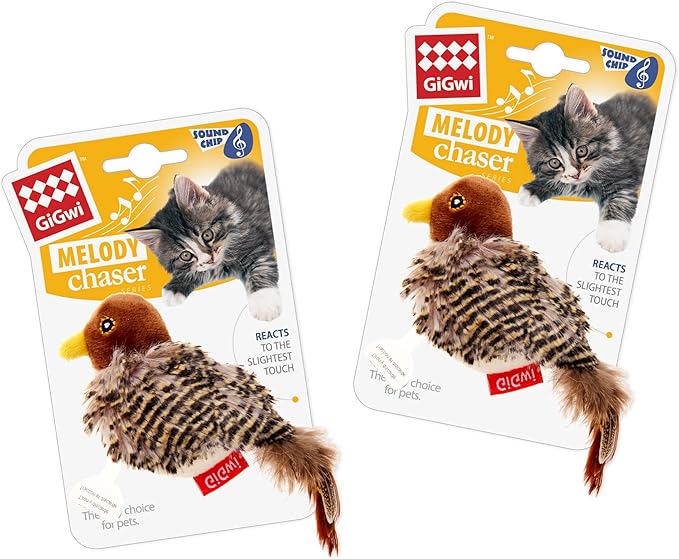 Gigwi Interactive Cat Toys Squeaky 2 Pack, Stimulated Chirping Bird Toys Making Noise, Automatic Chirp Bird Cat Toy with Feather Tail, Melody Chaser Play and Squeak Kitten Toy for Puppy Boredom