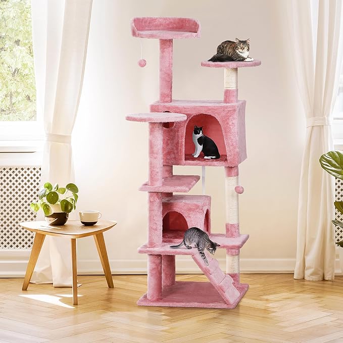 54in Cat Tree for Indoor Cats Multi-Level Condo Tower Bed Furniture Kitten Play House with Scratching Posts, Pink