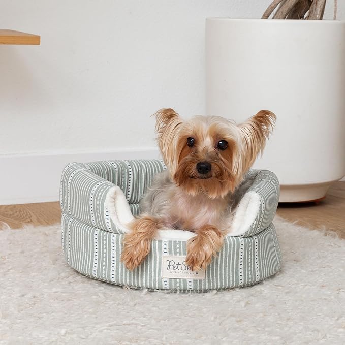 Fringe Studio Block Stripe Dusty SAGE 2-in-1 Pet Hut/Pet Bed with Removable Cushion 14" H x 15" W x 15" D, 100% Cotton Canvas Exterior w/Foam Filling, Machine Washable, PetShop Collection (209008)