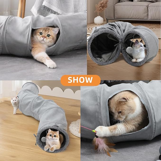 Pet Cat Tunnel Tube Cat Toys 2 Way Collapsible, Tunnels for Indoor Cats,S-Shaped Play Tube with Peephole and Hanging Ball,10.5" Maze Cats House for Puppies, Rabbits, Kitty, Kitten,Ferrets