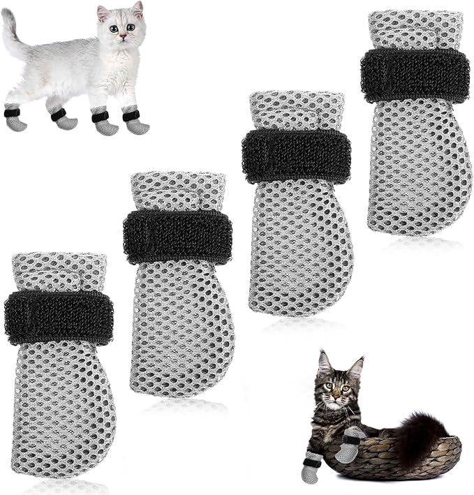 4 Pcs Cat Boots Anti Scratch Mittens Gloves Adjustable Cat Claw Protectors Foot Covers Mesh Breathable Cats Shoes to Prevent Scratching for Pet Bathing Feeding Cutting Nail Trimming