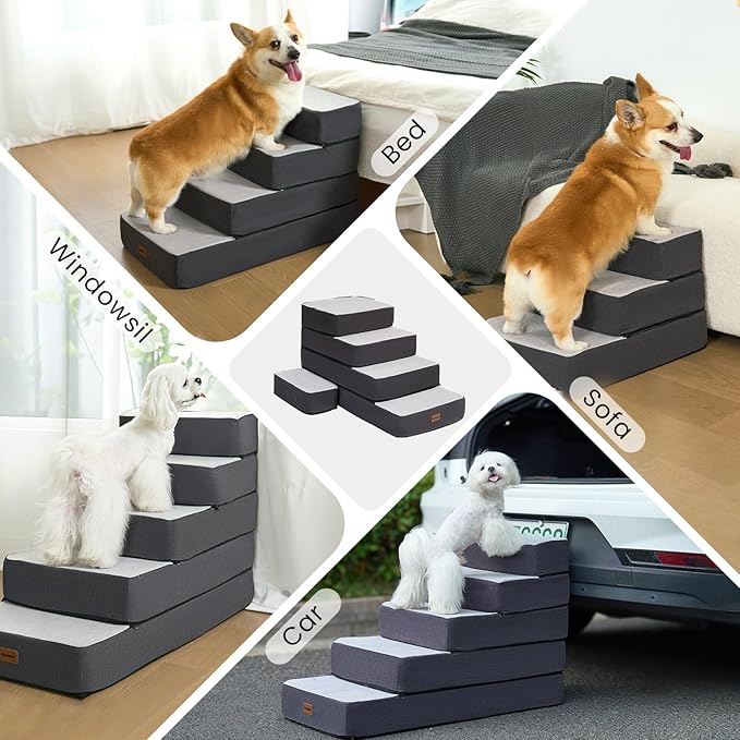 Garnpet 3-Step Adjustable Dog Stairs for Sofa and Couch, Dog Steps for Small Dogs and Cats, Foldable Pet Stairs for Low Bed Climbing, Non-Slip Pet Step Indoor, Grey