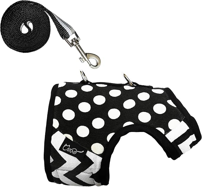 Cat Harness and Leash for Walking Escape Proof, Adjustable Cat Vest Harness, Padded Stylish Cat Walking Jackets, Polka Dot Black, Extra Large