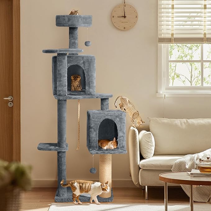 59in Large Cat Tree Tower for Indoor Cats with Soft Plush Hang Ball, Two Condos, Sisal Scratch Posts & Rope Play for Kittens/Adult Cats, Grey