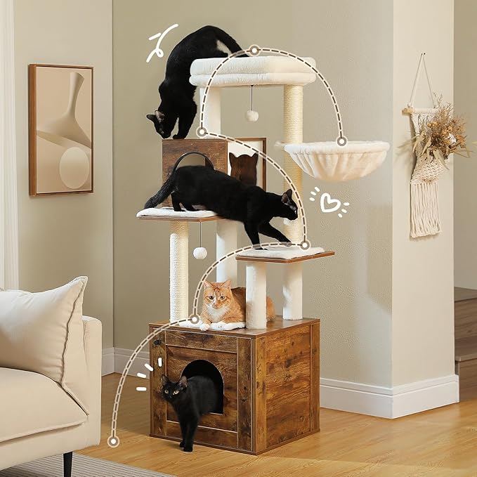 PETEPELA Cat Tree with Litter Box Enclosure, 2-in-1 Wood Cat Tower for Indoor Large Cats, 57.5'' Cat Condo with Scratching Posts, Cozy Hammock and Repalcable Dangling Balls, Brown