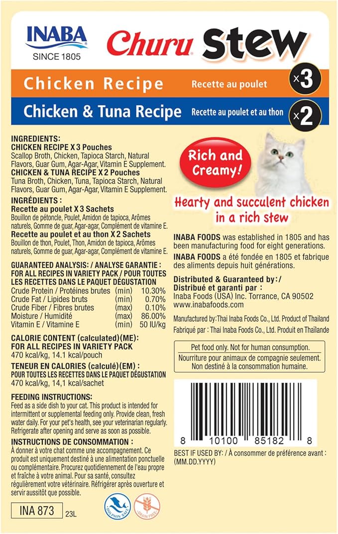 INABA Churu Stew for Cats, Creamy Purée Side Dish Pouch, 1.05 oz Pouches, 15 Pouches Total, Chicken and Tuna Variety