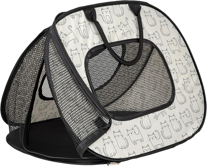 SportPet Designs Pop Open Cat Carrier, Soft-Sided Collapsible Travel Carrier for Cats up to 15 lbs, Lightweight Portable Design with Mesh Ventilation & Secure Zippers, Cat Print