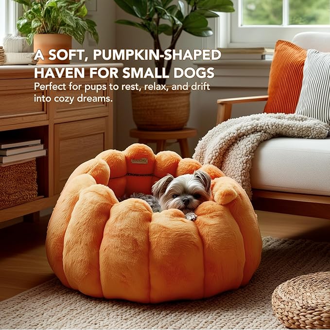 PETNOVO Pumpkin Cat Bed, Plush Donut Cuddler with High Bolster, Non-Slip Cozy Pet Nest for Indoor Cats up to 13 lb and Small Dogs, 20L x 20W x 12H Inch, Pumpkin Yellow