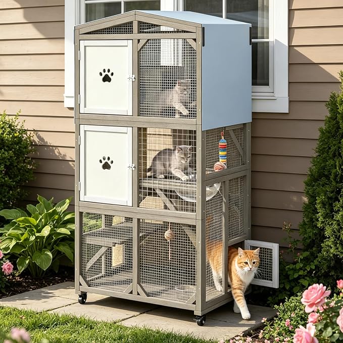 Ketive 66" H Large Catio Outdoor Cat Enclosure, Wooden Window Cat House with Wheels & 3 Platforms, Kitty Cage with Weatherproof Roof for Multiple Cats (Gray)