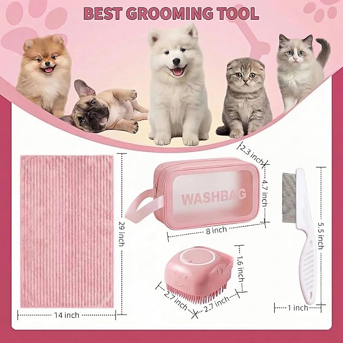 4PCS Dog Bath Kit & Dog Brush Kit for Dogs & Cats - Professional Pet Grooming Tools Set with Shedding Brush, Bath Scrubber, Dematting Comb & Storage Bag - Complete Dog Washing Essentials, Pink