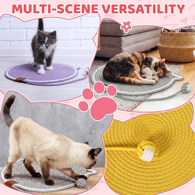 9 Pcs 16.9 Inch Cat Scratcher Mat Bulk Large Natural Cotton Rope Cat Scratch Pad Colorful Round Scratching Pads with Toy Balls for Indoor Cats Furniture Protector for Wall Sofas Carpets