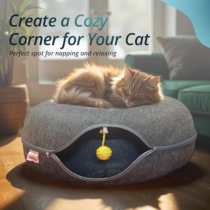 MeowMates Peekaboo Cat Cave Donut Bed for Multiple Cats Upto 45lbs, 3-in-1 Large Cat Tunnel & Donut Bed Combo w Round Tunnel Scratcher for Indoor Cats, Hanging Toy, Washable & Detachable - Dark Grey