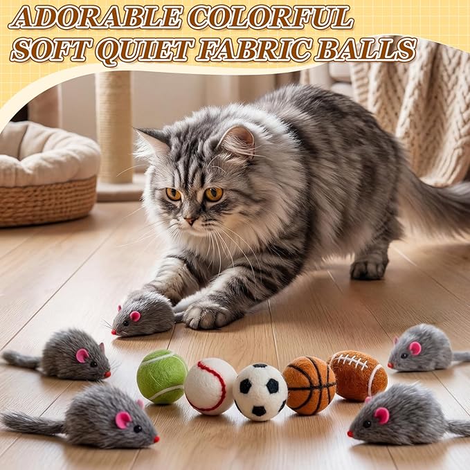 Outus 10 Pcs Cat Toys Bulk Include 5 Furry Mouse & 5 Sport Themed Pom Pom Balls for Cat and Kitty Mice Toys Felt Wool Ball Soft Quiet Interactive Catch Without Catnip for Yard Apartment Indoor Outdoor