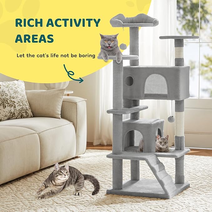 DUMOS 54 Inch Cat Tree Tower, Indoor Multi-Level Pet House for Large Cats with 2 Condos, Scratching Posts, Round Platform, Small Ladder, and Toys, Light Grey