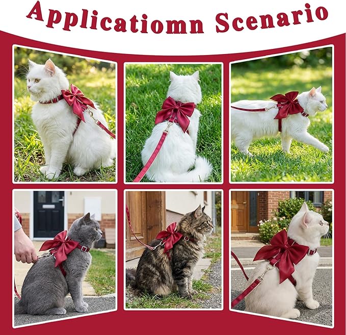 Tensho Red Bow Cat Harness and Leash Set Escape Proof, Adjustable Kitten Harness with Leash, Bow Tie Cat Harness for Walking Outdoor - Soft Lightweight Harness for Small Dogs Cats Rabbits (M)