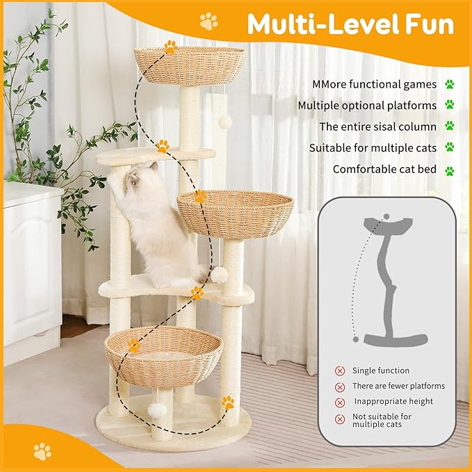 Modern Cat Tree Tower,Three Hand-Woven cat beds, Sisal-Covered Scratching Posts for Indoor Cats, Multi-Level Cat Condo with Space Capsule Nest, Tall Cat Tree for Multiple Large Cats