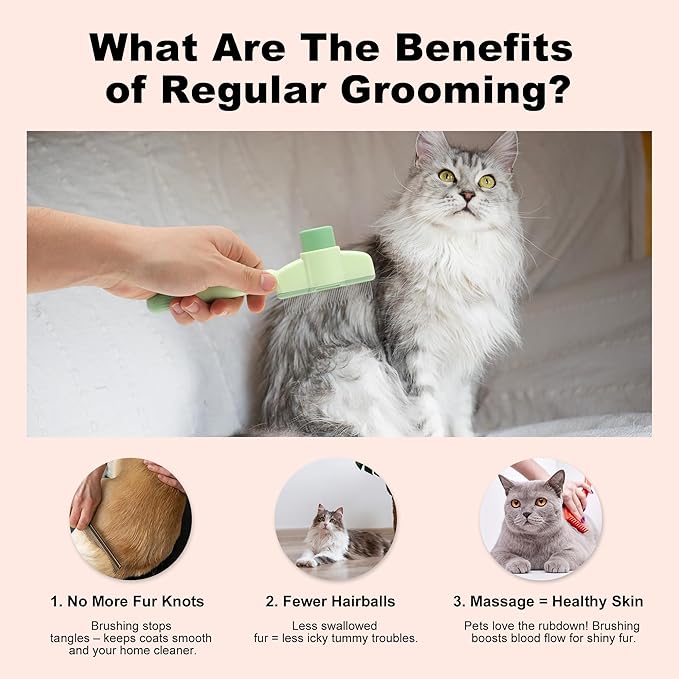 Cat Comb, Pet Hair Removal, Flea Exit, Grooming Brush with Release Button, De-Shedding Brush for Short and Long Hair Green