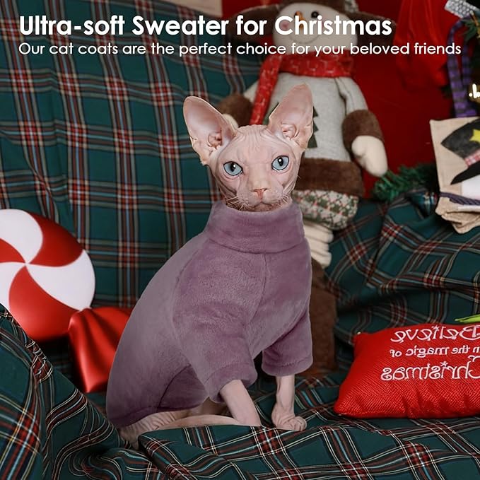 Turtleneck Sweater Coat for Cats, Sphynx Cat Clothes Pajamas for Cats Only, Kitten Fleece Pullover Sweaters with Sleeves, Pet Warm Jumpsuit Cat Sweatshirt for Cold Weather, Purple XL