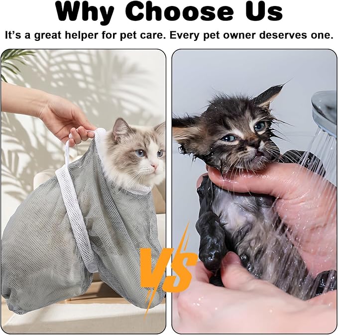 Cat Bag for Bath, Multifunctional Breathable Mesh Cat Bathing Bag, Adjustable Scratching Proof Restraint Accessories for Washing, Nail Trimming, Grooming, Vet Visits (Gray)