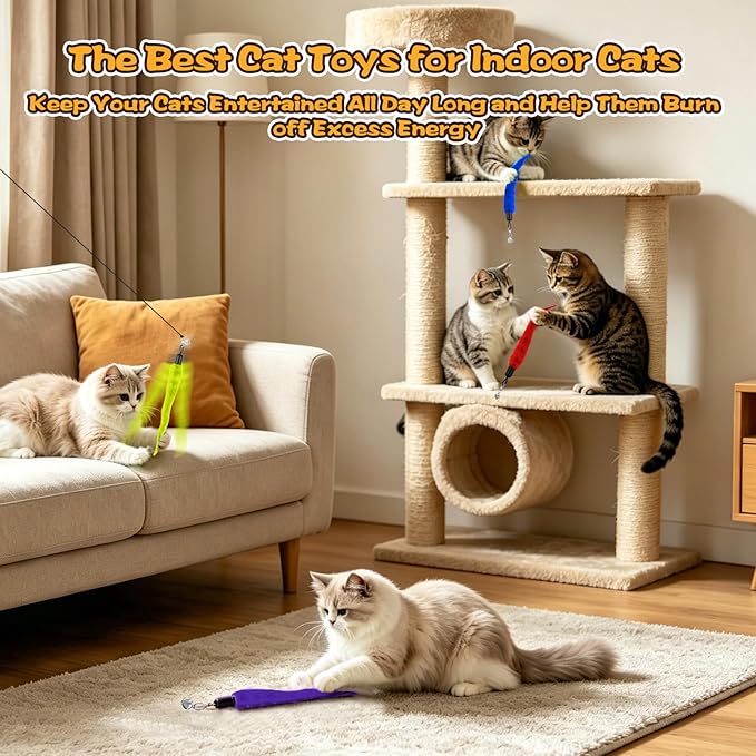 AKYZO 10Pcs Cat Worm Toy with 1Pcs String, Durable Interactive Teaser Refills for Cat Toys Kitten Toys, Cat Wand Attachements for Indoors and Outdoors Cats (10 Colors)