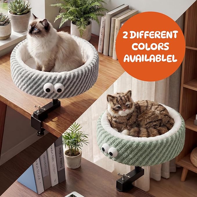 Cat Desk Bed, Height Adjustable 360° Rotating Desk Mounted Cat Bed, 2-in-1 Cat Desk Perch Hammock, Desk Cat Bed Attachment with Washable Cushion for Most Cats (Green)