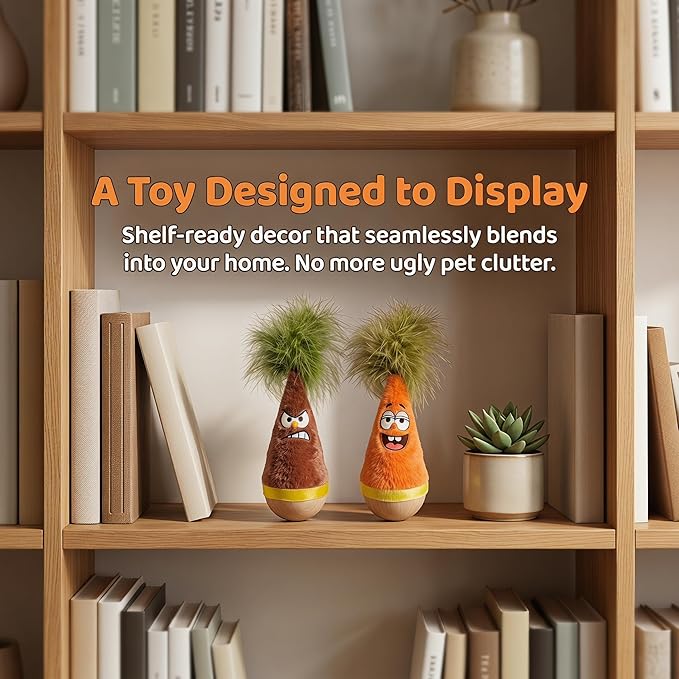 Wooden Wobble Cat Toy, Natural Beechwood Self-Righting Tumbler β 2-Pack Angry & Happy Carrot Kicker, Interactive Silent Cat Toy for Indoor Cats, Battery-Free Plush, Aesthetic Home Decor Gift