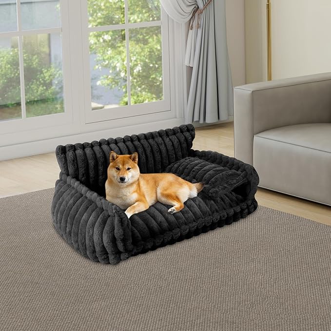 Plush Pet Couch, Soft Cat Bed with Bolster, Comfortable Pet Sofa for Indoor Lounging, Washable Cover, Large Size, Perfect for Medium to Large Breeds (Dark Grey)