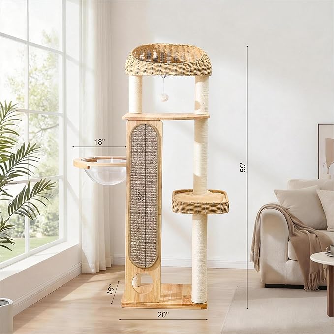 59-inch Cat Tree,Cat Tower with Scratching Post,Extra Long Sisal Blanket, Handwoven Basket & Space Capsule Nest