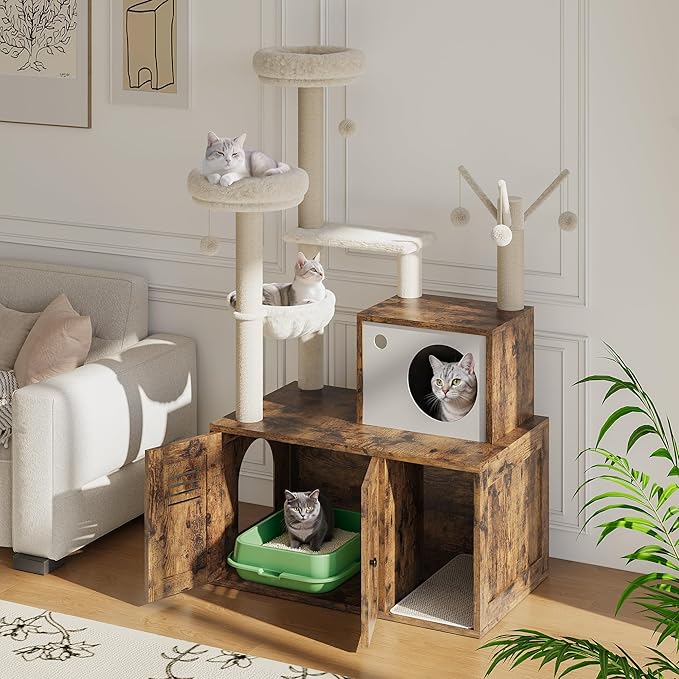 TrailBlaze Cat Tree with Litter Box Enclosure, Wooden Cat Condo with Platform, Hammock, Pompoms, Scratching Posts, All-in-One Cat Furniture for Indoor Kitten, 31.5" l x18.9 w x55.1 h(Brown)