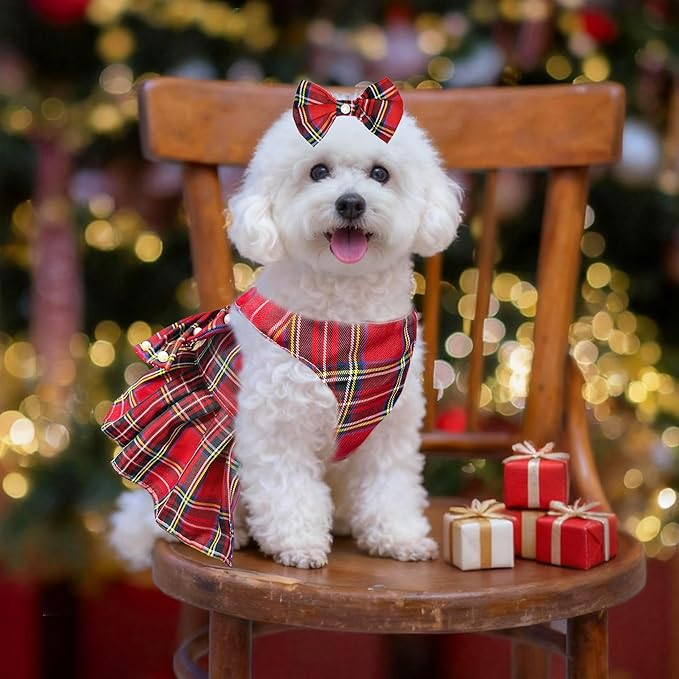Dog Dress Bowknot Harness Leash Set for Small Dogs Girl Cute Plaid Dog Dress Pearls Bow Tie Spring Summer Princess Clothes Birthday Holiday Doggie Outfits for Puppy Cats Girl (Lake Blue, Large)