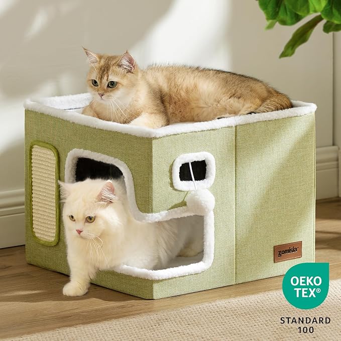 ZOMISIA Cat Beds for Indoor Cats - Large Cat House for Pet with Fluffy Ball Hanging and Scratch Pad, Foldable Cat Hideaway,16.5x16.5x13 inches, Navy