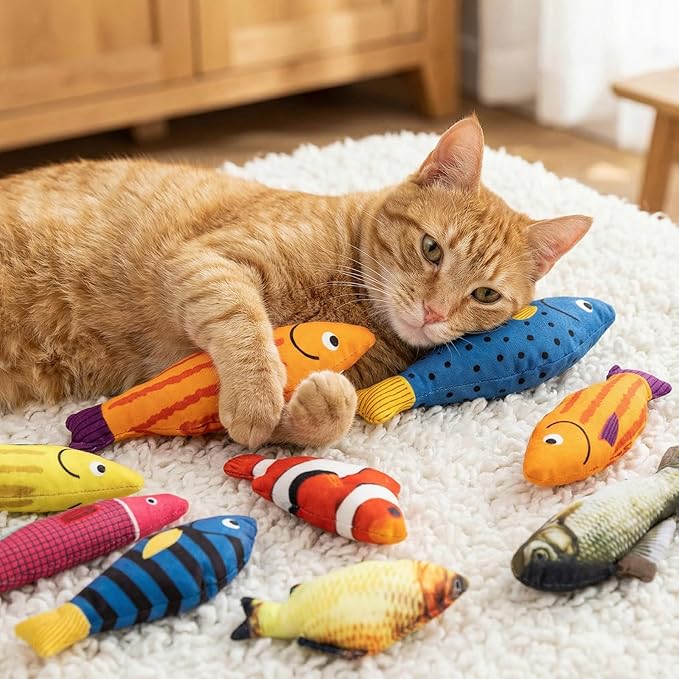 Leitee 24 Pcs Simulation Fish Shape Realistic Fluffy Dog Toys, Multi Color and Styles, Interactive Soft Chew Kicker Toys for Indoor Cats & Kittens