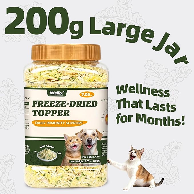 Wellix Freeze Dried Dog and Cat Food Toppers with Kale & Egg Yolk for Picky Pet - High Protein Low Calorie Dog Treats to Support Digestive & Skin Health - Healthy Cat Treats for Indoor Cats 7.05oz