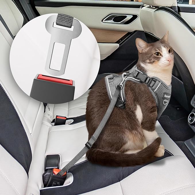 Cat Harness and Leash Set for Walking Escape Proof, Adjustable Soft Kittens Vest with Reflective Strip for Cats, Comfortable Outdoor Vest, Cat Car Leash, Grey, L