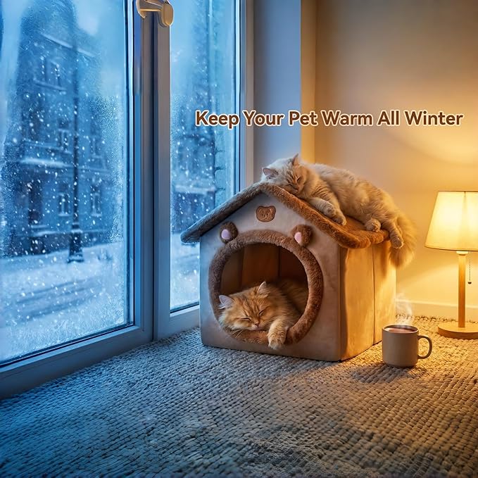 Cat Bed Cave, Cute Bear Shape Cat Beds for Indoor Cats, Pet House Cats Tent with Removable Cushion Pillow for Kittens Puppy Small Dogs (Brown-L, 20.4 * 16.9 * 19.6in)
