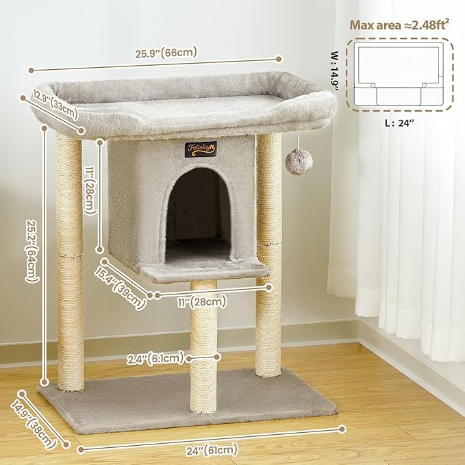 Cat Tree Tower Scratching Post for Indoor Large Cats, Small Cat Tree with Big Perch Bed, 28in Tall Trees House with Condo Cave, Toy Balls, Modern Climbing Furniture Platform for Kitten (Light Gray)