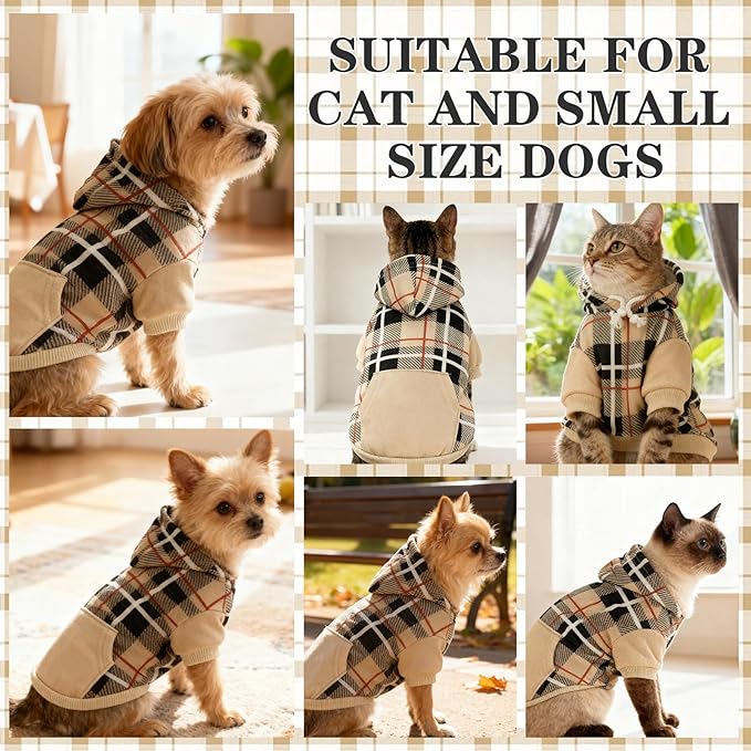 EXPAWLORER Plaid Cat Hoodie - British Style Warm Cat Sweater Shirt with Leash Hole,Pet Clothes Outfits,Winter Coat Apparel for Puppy Cats Girl Boy-Kitten Apparel,Beige L