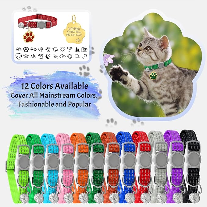 CAMAL Reflective Cat Collar with Name Tag, Personalized Cat Collar Breakaway with Bell, Customized Cat Collar Adjustable for Girls & Boys