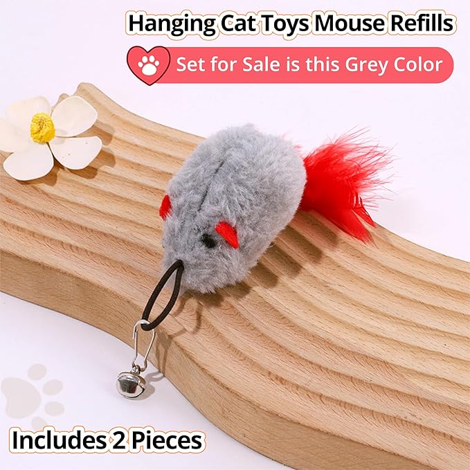 Cat Toy Refill, 2 Pack Mouse Toy with Feather Tail and Bell for Cat Wand Toy Accessories Cat Toy Attachments Replacements, 4.72โ Realistic Size Mice Toy for Bored Indoor Adult Cat Self Play