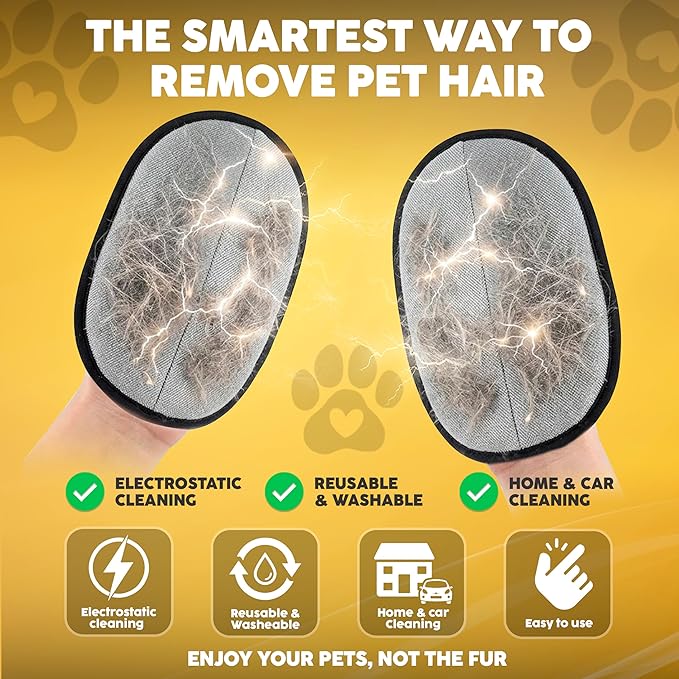 2 Pack PET Hair Remover Gloves β Electrostatic Dog & Cat Hair Removal Glove, Reusable Pet Fur Remover for Couch, Furniture, Clothes & Car Seats, Lint Remover Tool, Animal Hair Remover Cleaning Mitt