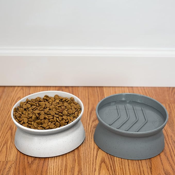 Kitty City Elevated Slow Feeder Cat Bowls (Set of 2), Whisker-Friendly Raised Cat Food Dishes with Ridges, Helps Reduce Fast Eating & Digestion Issues, Dishwasher Safe, 6.5 oz – White & Gray