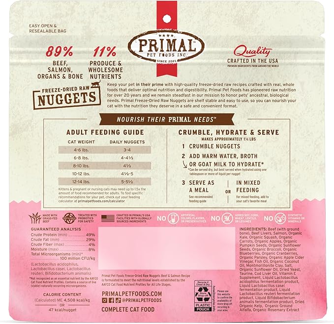 Primal Freeze Dried Raw Cat Food Nuggets Beef & Salmon, Complete & Balanced Meal or Topper, Premium, Healthy, Grain Free, High Protein Raw Cat Food with Probiotics (5.5 oz)