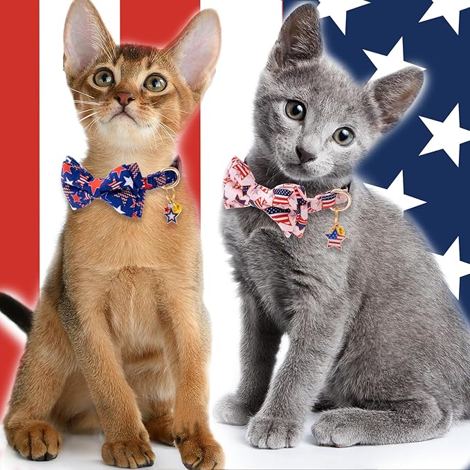 Faygarsle 2 Pack 4th of July Independence Day Cat Collar Cute Pink Blue American Flag Star Printed Collar with Bow tieBreakaway Cat Collar for Boy Girl Female Male Cats