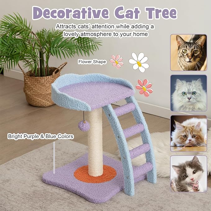 Tangkula Cute Cat Tree, Flower Cat Tower with Sisal Scratching Post, Plush Perch, Fluffy Jingling Ball, Cozy Platform & 4-Step Integrated Ladder, Small Cat Tree for Indoor Cats 20 lbs Heavy Duty
