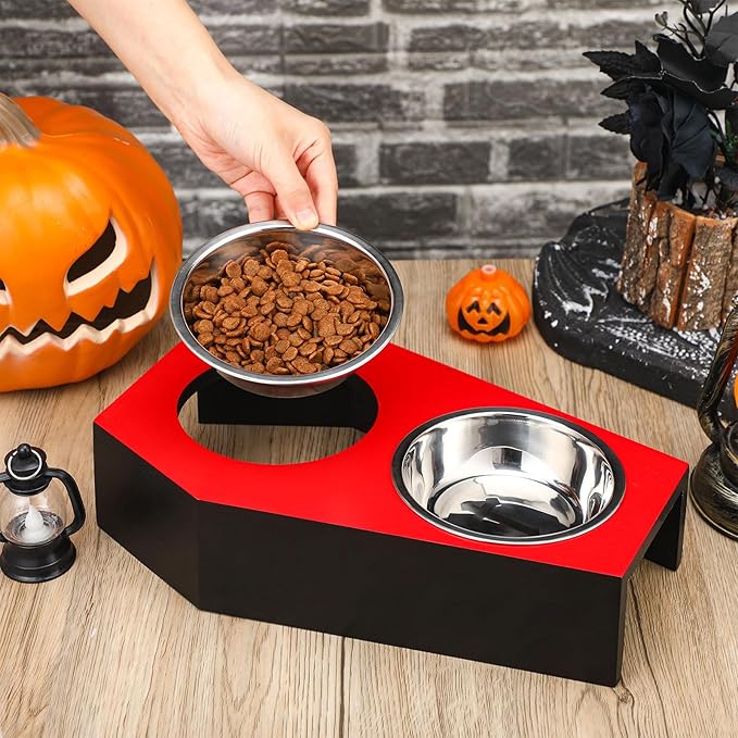 Teenyyou Gothic Cat Food Bowls 5° Raised Elevated Wooden Coffin Cat Bowl for Indoor Kitty Feeder Stand with 2 Stainless Steel Food Water Supplies for Halloween Christmas Animal Lovers Gift