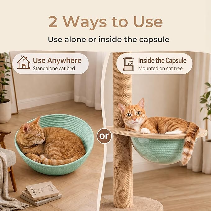 Cotton Rope Cat Bed Mat for Space Capsule, 11.8" Breathable Round Nest Liner, All-Season Warm & Cooling Pet Pad, Washable Scratch-Resistant Bedding for Cat Tree & Clear Bowl