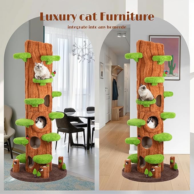 KAMABOKO 90.5 Inch Luxury Cat Tree with Scratching Post, Tall Cat Tree Tower with Sisal Scratching Pad, Multiple Jumping Platforms, Cute Hanging and Spring Toys, Large Cat Condo for for Indoor Kittens