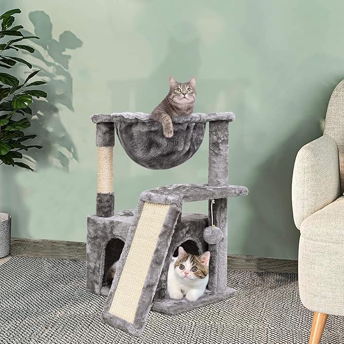 SYANDLVY Cat Tree for Indoor Cats Large Adult, Modern Activity Tower with Scratching Posts & Board, Condo with Plush Perch, Climbing Stand with Cradle & Hanging Ball for Play, Light Grey
