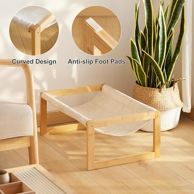 kiplant Elevated Cat Bed, Large Cat Hammock Bed, Bamboo Wood Cat Hammock for Outdoor, 25 X 16.5 Inch Elevated Pet Furniture Suitable for Kitty, Puppy, Rabbit, Bunny and Small Animal
